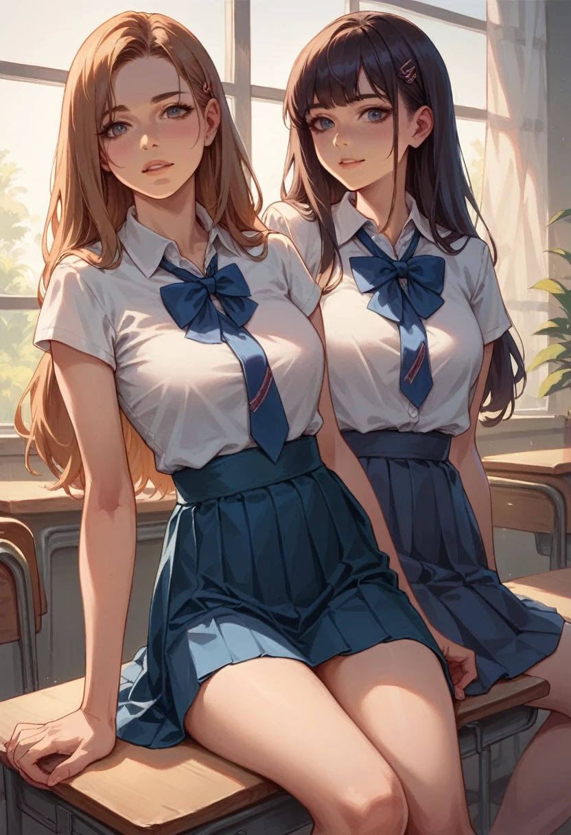 Romance students, two girls students in school uniform, lesbian couple, tall and thin, beautiful, alumnaxalumna, classmates