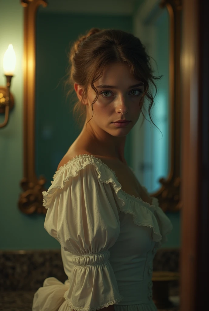 The translucent ghost, a young woman from the 18th century, ses yeux emplis de douleur et de rage.