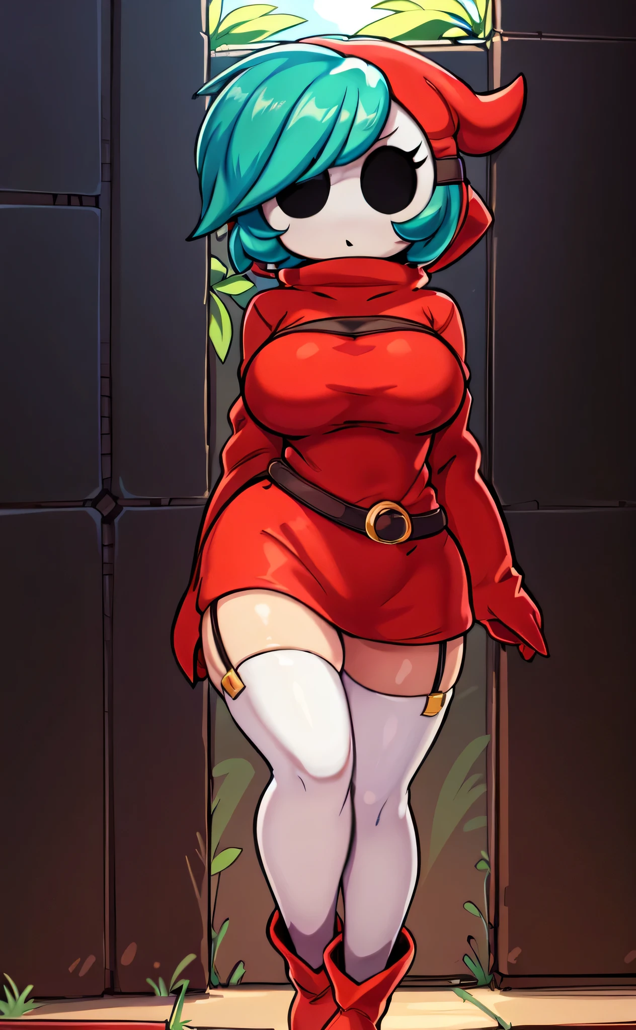 [shygal], ((masterpiece)), ((HD)), ((high res)), ((solo portrait)), ((waist up)), ((front view)), ((anime aesthetic)), ((detailed shading)), ((intricate details)), {(attractive figure), (shy guy mask), (black eyes), (no nose), (green hair), (curvy hips), (beautiful legs)}, {(red hoodie), (red skirt), (white thigh-highs with straps), (blue boots)}, {(standing)}, [ambient lighting, grass plains, sun rays]