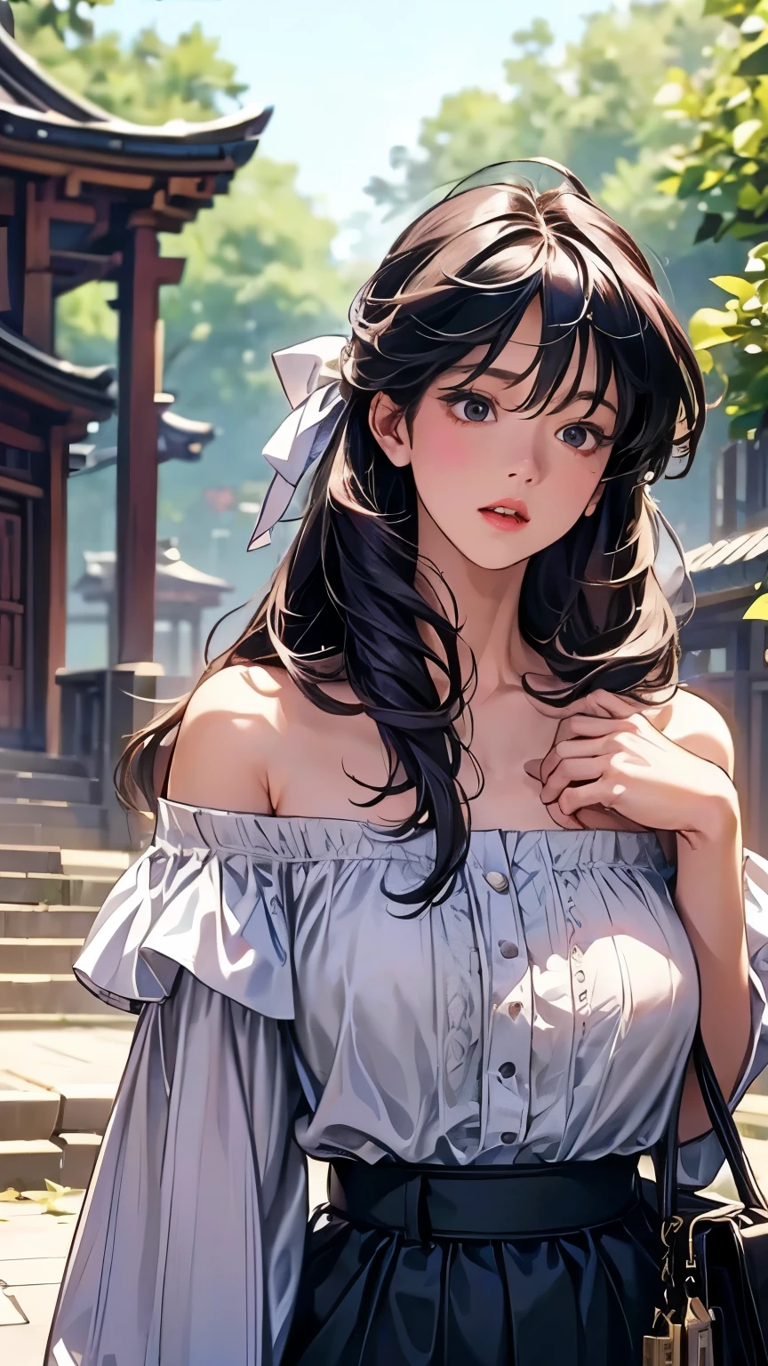  1 girl, Sexy Poses,Best Quality,masterpiece,Illustration, go to a shrine for the first time in a very delicate and beautiful ,CG,Unity,8k wallpaper,wonderful, detailed ,masterpiece, OFFICIAL ART, extremely detailed CG Unity 8k wallpaper, Extremely Absurd ,  huge file size ,Super detailed, Hi-Res, extremely detailed, girl with beautiful details ,Realistic,Full Frontal ,Outdoor, bright contrast,( off shoulder_blouse:1.4),(( upper body shot of a sexual target :1.5)), (( firm and well-shaped C-cup breasts:1.5)), (Wide leg_Crop_pants:1.3),(Woven_ handbag :1.2),