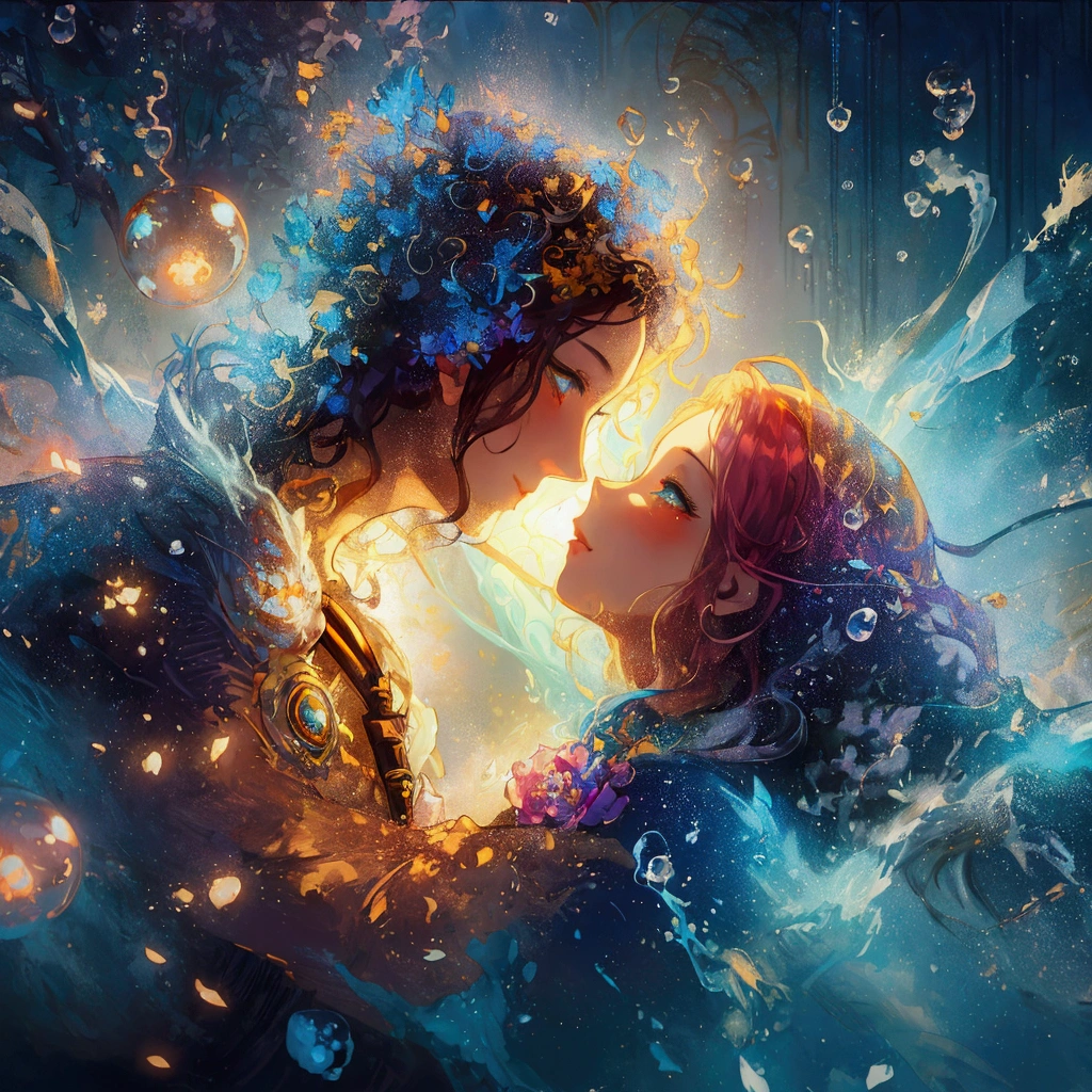 a close up of a couple kissing in a space filled with bubbles, fantasy art, neo-romanticism, by Cyril Rolando, cyril rolando and m. w kaluta, cyril rolando and m.w kaluta, breathtaking digital art, dreampunk romanticism artwork, josephine wall and pino daeni