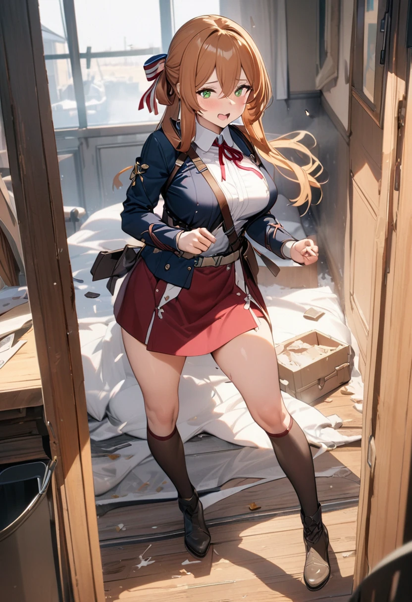 A Female robot is sleeping in bedroom, spread legs, nude, banzai pose. she wears no dress. She Brown short hair is tied with two big red clothespins, She lifts up the under hem of her white plain dress, leaning over, masterpiece, very short pigtails,brown hair, mature, android, blue eyes, full body figure, Height: 160cm, flushed cheeks, 2020s anime picture, A beautiful robot with short brown hair in two short pigtails held up by two very large huge red clothespins, Uplifting, No NSFW, whole body, barefoot, archaic smile, getting orgasm, 25 years old, sweat bucket.detailed eyes, detailed hands, detailed face,