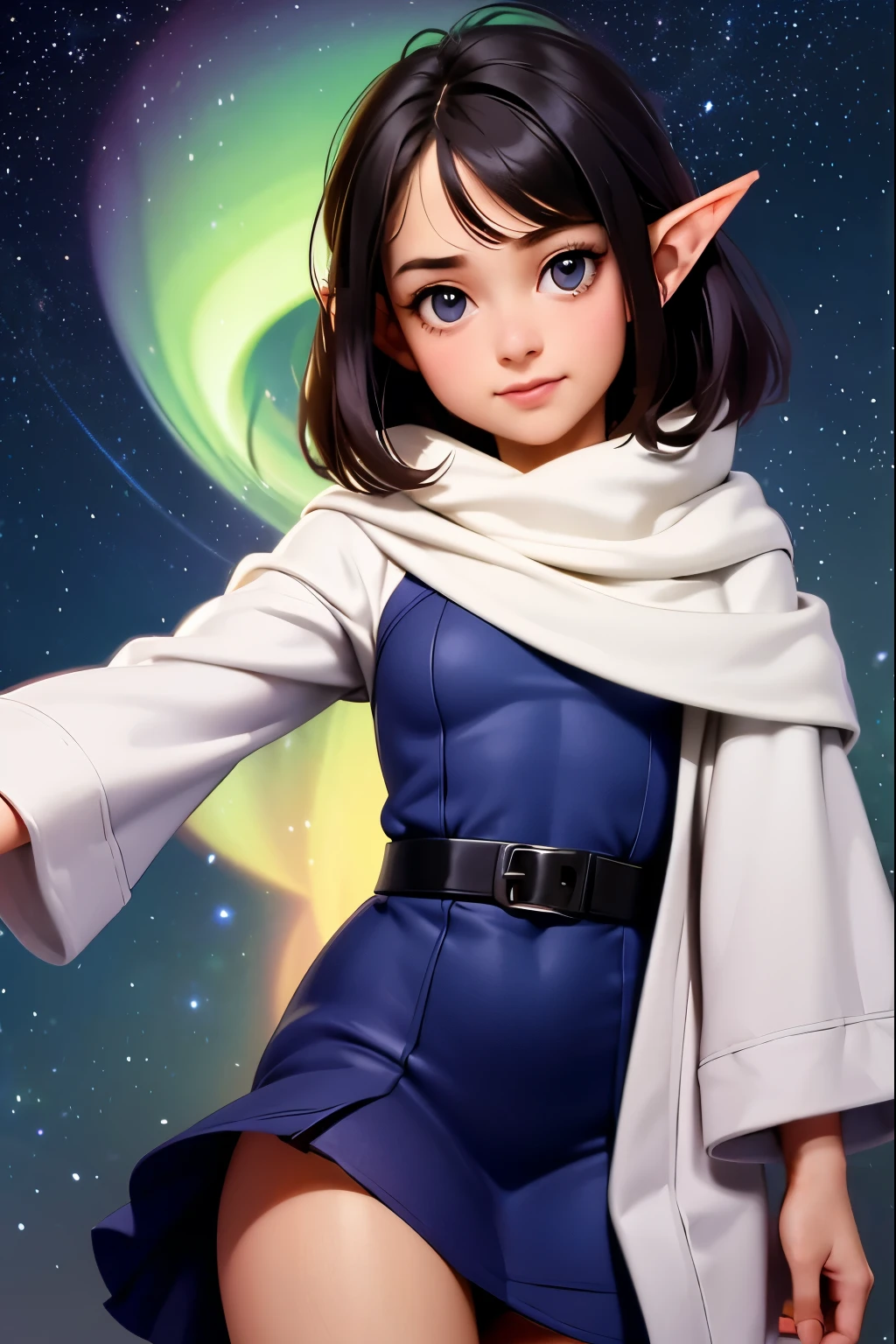 (Best Quality,Super detailed, Hi-Res,masterpiece:1.2)， a very young girl ， short stature ， Fisheye Lens ，Baby Face，Elf Ears，is short，Hilly night sky，winter，winter colors, winter landscape,  starry sky ， aurora :1.3，Sky color Prussian blue Cobalt blue Purple Cyan. Planet, Bright Star, meteor, Tree tops swaying in the wind, thre beautiful 茶色髪 girl in winter clothes observes the starry sky with a dreamy look，White Breath， Girl Temptation，From below，