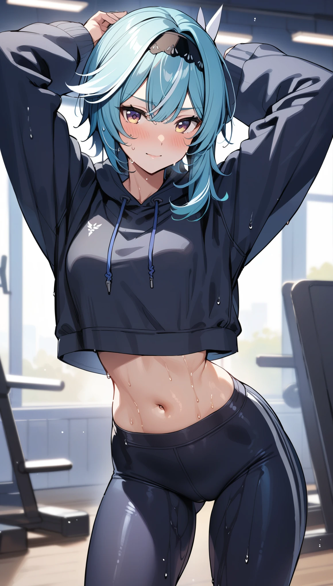 Lucina fe, blue hair,  Blue Eyes, Lucina, dark blue tanktop, blue yoga pants, blue shoes, hands on hips, open mouth, out of breath, sweaty, sexy, exhuasted, steam coming out of her mouth, half body, standing, sitting on the floor, close up shot