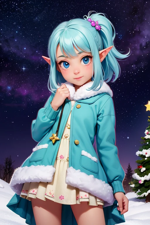 (Best Quality,Super detailed, Hi-Res,masterpiece:1.2)， a very young girl ， short stature ， Fisheye Lens ，Baby Face，Elf Ears，is short，Hilly night sky，winter，winter colors, winter landscape,  starry sky ， aurora :1.3，Sky color Prussian blue Cobalt blue Purple Cyan. Planet, Bright Star, meteor, Tree tops swaying in the wind, thre beautiful 茶色髪 girl in winter clothes observes the starry sky with a dreamy look，White Breath， Girl Temptation，From below，