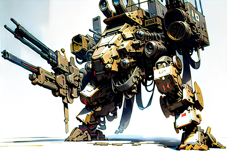 (photorealistic:1.4), best quality, masterpiece, light and shadow, dramatic lighting, mecha28, mecha, robot, weapon, no humans, gun, solo, white background, radio antenna, cannon, machine gun, missile pod, machinery, realistic, shoulder cannon, black skin, standing, cockpit windows