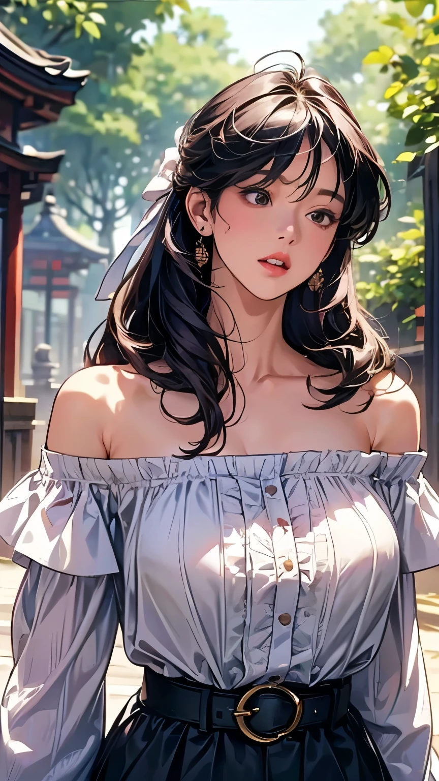  1 girl, Sexy Poses,Best Quality,masterpiece,Illustration, go to a shrine for the first time in a very delicate and beautiful ,CG,Unity,8k wallpaper,wonderful, detailed ,masterpiece, OFFICIAL ART, extremely detailed CG Unity 8k wallpaper, Extremely Absurd ,  huge file size ,Super detailed, Hi-Res, extremely detailed, girl with beautiful details ,Realistic,Full Frontal ,Outdoor, bright contrast,( off shoulder_blouse:1.4),(( upper body shot of a sexual target :1.5)), (( firm and well-shaped C-cup breasts:1.5)), (Wide leg_Crop_pants:1.3),(Woven_ handbag :1.2),