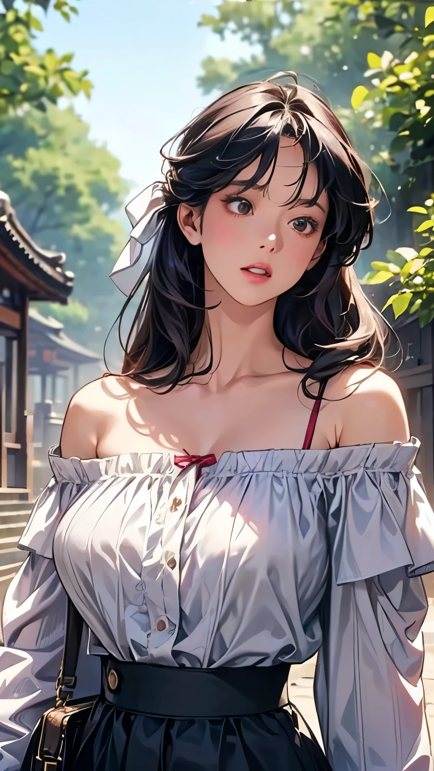  1 girl, Sexy Poses,Best Quality,masterpiece,Illustration, go to a shrine for the first time in a very delicate and beautiful ,CG,Unity,8k wallpaper,wonderful, detailed ,masterpiece, OFFICIAL ART, extremely detailed CG Unity 8k wallpaper, Extremely Absurd ,  huge file size ,Super detailed, Hi-Res, extremely detailed, girl with beautiful details ,Realistic,Full Frontal ,Outdoor, bright contrast,( off shoulder_blouse:1.4),(( upper body shot of a sexual target :1.5)), (( firm and well-shaped C-cup breasts:1.5)), (Wide leg_Crop_pants:1.3),(Woven_ handbag :1.2),