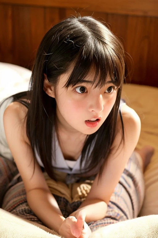 An ultra-high picture quality、Perfect Photo、 beautiful girl、Japan beautiful girl、middle scho skinned、slender、tiny chest、lying on the bed、a miniskirt、With bangs、ankle、lamentation、is crying、Prone eyes、Semi-long hair、Straight hair、girl's own room、toe、sole of feet、thighs thighs thighs thighs、Calf、all-fours、lying back on、Skinny Legs、