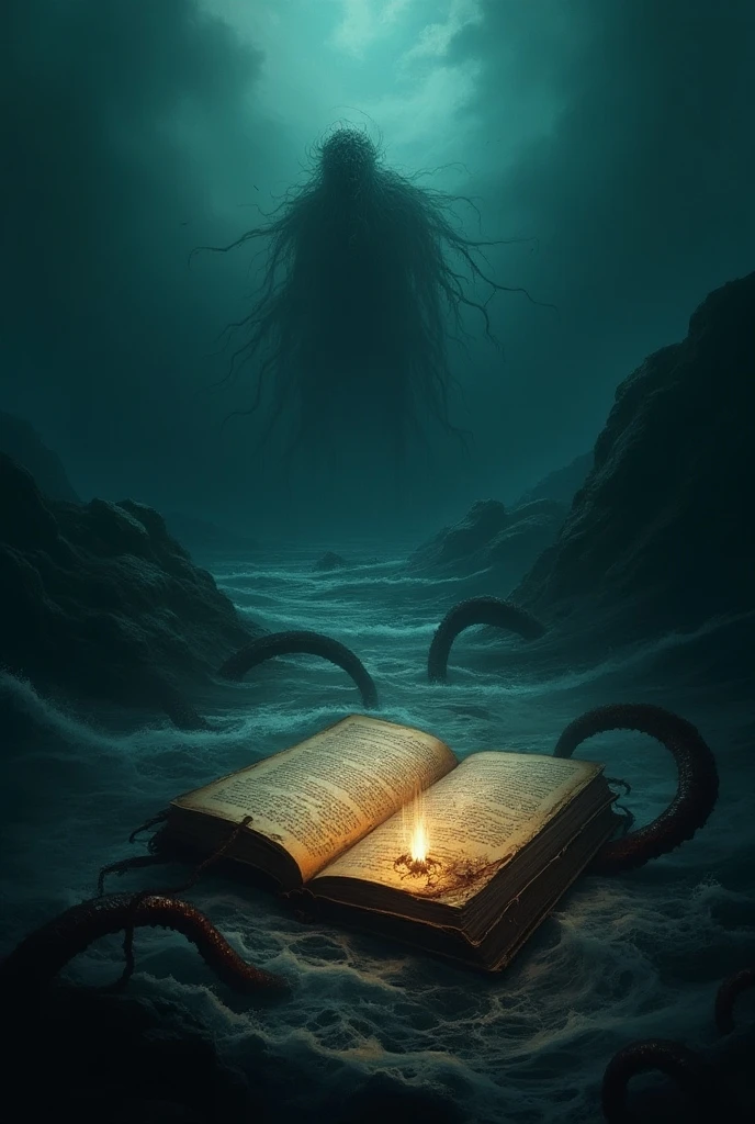 hp lovecraft scared reading on his knees the necronomicon in a nightmare landscape of the dark dimension of the dream where extraterrestrial beings from other dimensions live waiting to be released beings with grotesque and tentacled shapes with many eyes and mouths floating in space