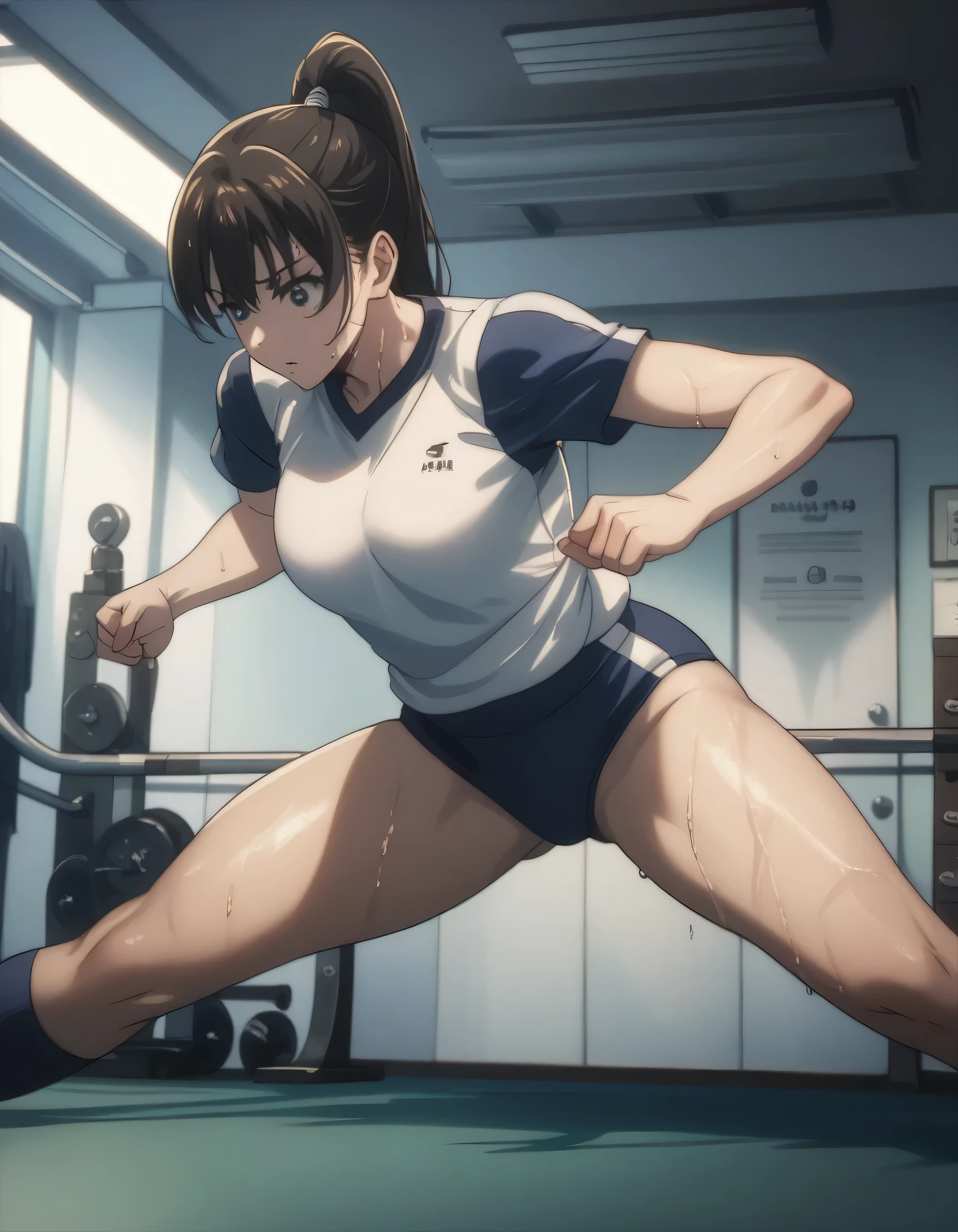 score_9, score_8_up, score_7_up, gsfghtr, gymnastics uniform, 1girl, sweaty, Gymnasium
