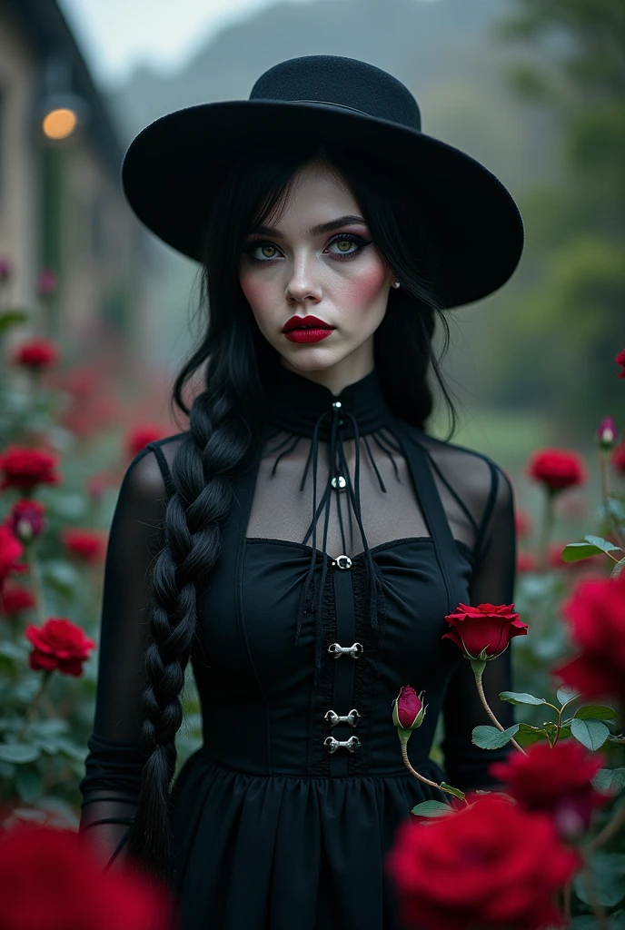 ネオゴススタイルの girl,  in a black dress and white collar , Wearing a black hat 、 Heavy makeup ,  she is standing in a mysterious garden  、 surrounded by vines  .  The garden is full of dark purple flowers  .、 gothic architecture in the background 。. girl&#39;Iの髪は黒色、  her hair is long braided  .、  there are red roses next to her  。.  her eyes are sharp 、It&#39;prick.,  This artwork combines digital illustrations and the photo {x} created a unique and charming visual experience {x} Heavy black eyeliner and red roses bloomed next to the long lashes . She has very white skin .、Bright red lips.. 气氛阴森fear,  dark purple flowers .  dark purple and diffused shadows .., Result、そのResult、Incredibly high resolution images。.  most colors are dark 、I&#39;type,  long shadows  ..  the overall style is neo-gothic  ., fear, Portrait Photos ,  Bringing out the beauty of darkness  .Dark Imagery
