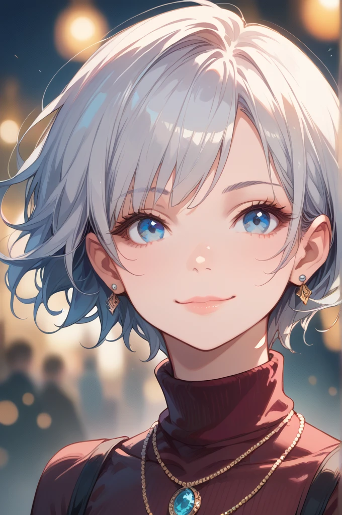   score_9,   score_8_up,   score_7_up,   score_6_up,  personal 3  ,   1 girl, Alone,   short hair,   jewellery,   viewers,   necklace  ,   PORTRAIT, bangs,   closed mouth,   Turtleneck, Blurred background, クロス   necklace  , lips,   piercing  , Blurred,  silver hair、  blue eyes 、 lashes
smile , 