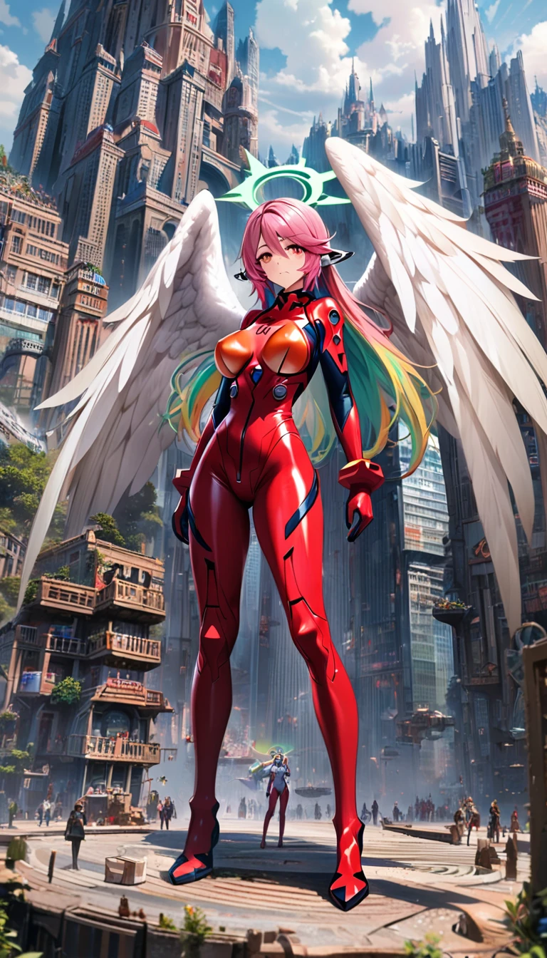 jibril,(big breast),(big white wing),(angel wing),(glamorous),full body,(girl towering over miniature city),(front view:1.5),plugsuit,red latex bodysuit,shiny bodysuit,colorful hair,halo,sharp focus,extremely detailed CG,expressionless,realstic,(mechanical ear),standing