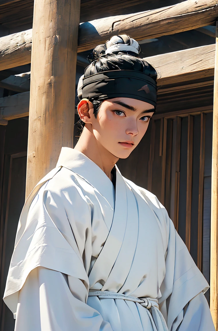 (absurdres, highres, masterpiece, best quality, ultra-realistic,ultra-detailed,(beautiful detailed face and eyes and hair:1.1),handsome,asian man,tall and muscular,broad shoulders,black hair,black eyes,datailed face,topknot,see-through headband,white hanbok,little sad,upper body, day of sea