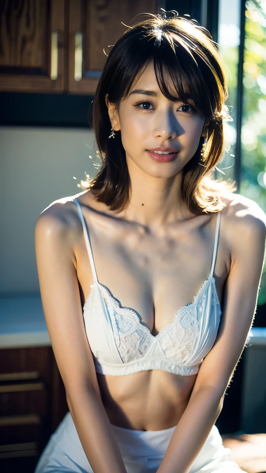 beautiful detailed eyes , beautiful detailed lips , highly detailed eyes and faces, Long eyelashes, 1 girl, sexy body, Small round breasts, thin sheer white lace bra and panties, Kitchen Interior, Window Light, warm color palette , photoRealistic, (Best Quality,4K,8k, Hi-Res,masterpiece:1.2),Super detailed,(Realistic,photoRealistic,photo-Realistic:1.37), Hi-Res,超 Hi-Res, studio lighting,Ultra-fine painting, sharp concentration,Physically-based rendering, Extreme Detailed Explanation ,Professional, Vivid Colors,Bokeh, PORTRAIT