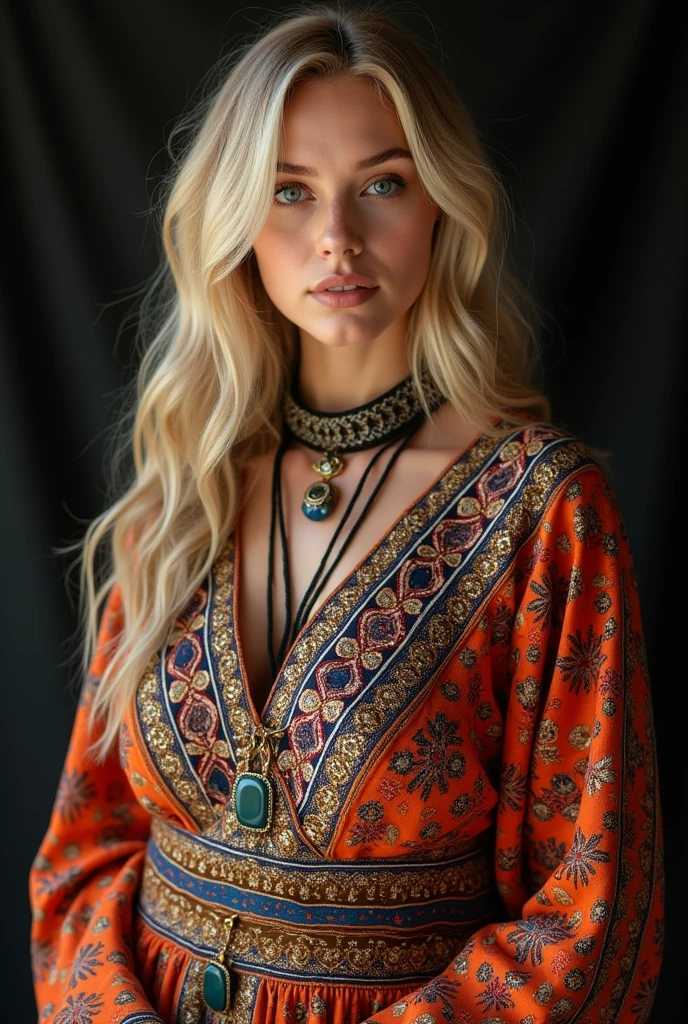 full-body woman with a rude appearance, long mesy blond hair, in bohemian style clothing, eyes blue, tattoos in arms