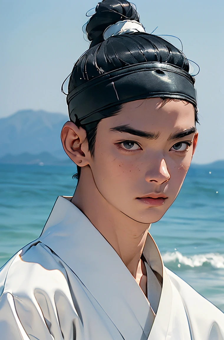 (absurdres, highres, masterpiece, best quality, ultra-realistic,ultra-detailed,(beautiful detailed face and eyes and hair:1.1),handsome,asian man,tall and muscular,broad shoulders,black hair,black eyes,datailed face,topknot,see-through headband,white hanbok,little sad,upper body, sea background