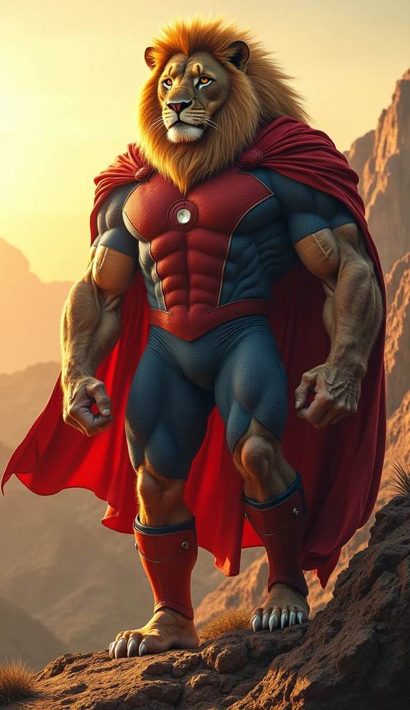 Furry lion with superhero body, naked, use superhero boots, superhero mask, superhero underwear