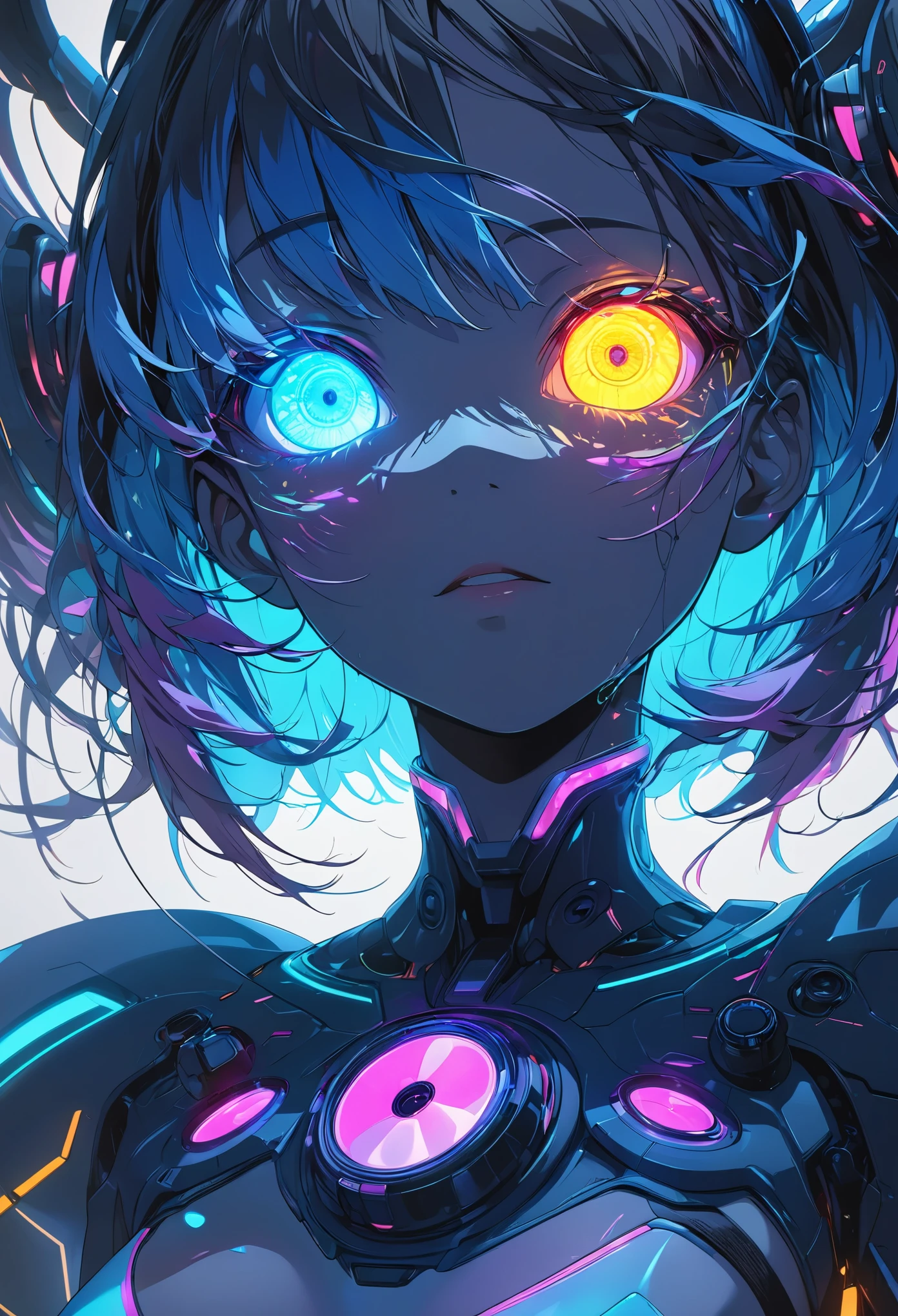 glowing eyes, colourful glowing hair, gradient hair, dj set, anime style, high detail, Futurism, glowing light, UHD, retina, masterpiece, ccurate, anatomically correct, textured skin, super detail, high details, high quality, award winning, best quality, highres