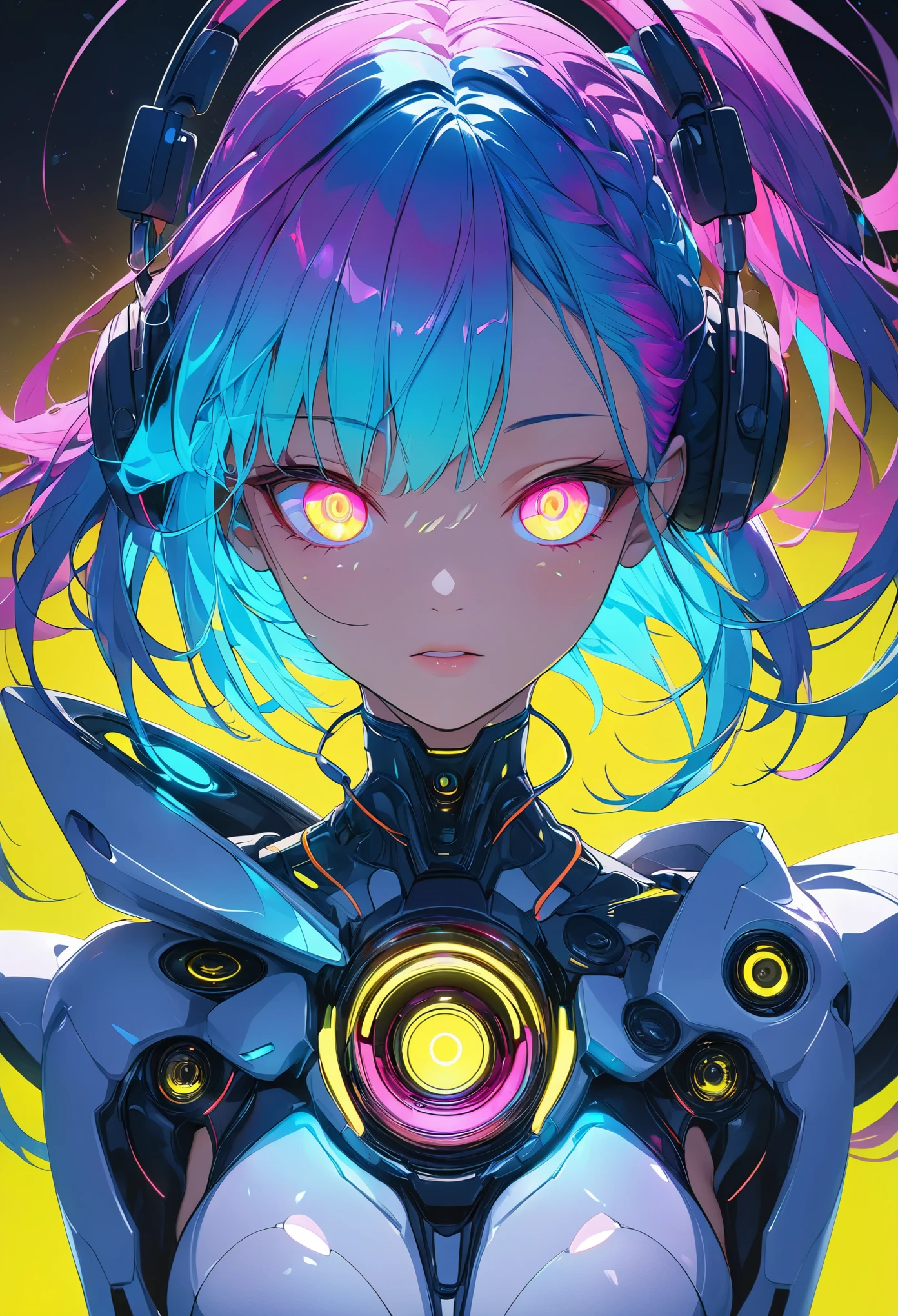 glowing eyes, colourful glowing hair, gradient hair, dj set, anime style, high detail, Futurism, glowing light, UHD, retina, masterpiece, ccurate, anatomically correct, textured skin, super detail, high details, high quality, award winning, best quality, highres