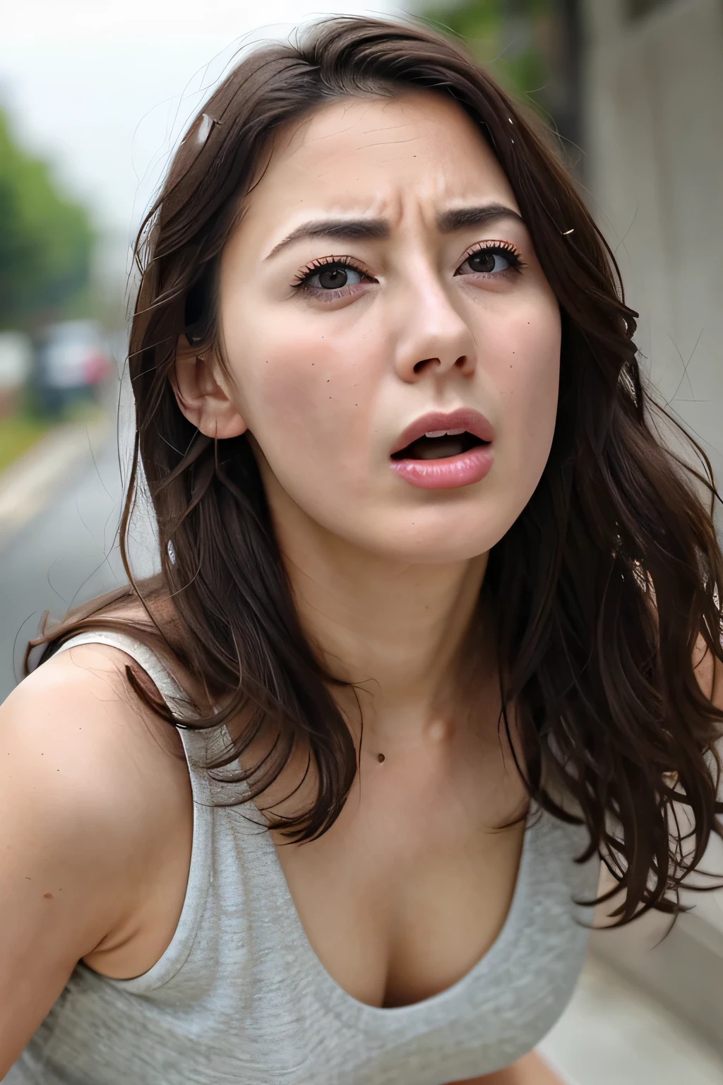   beautiful Japanese actress full of sexual desire , 1 girl,Flying debris,, Award-winning photo with both hands holding flops,   very detailed, Focus your eyes, Nose and mouth, face focus ,  Extremely Close Up of Faces 、 Age 35,Brown Hair、Symmetrical face,  Insulated 、   widen the angle from below 、Extended C-shaped nostrils ,(Sharp Nose)Sweaty skin、shiny skin,(Brow wrinkles))（Cum on tongue)、((Thin eyebrows)) oily skin 、  growing skin  、double eyelid、、Beautiful woman、 curly hair、  shortcuts 、 tank top ,I can see the sky 、 Shibuya Center Street 、(((  show your side,throw))),Raise your eyebrows, (((Hold your mouth, Frowning, Crazy, Frowning))),   wrinkled skin,Long upper arms,((Cry with your eyes open, , Drunk, The face of patience))Squat, big breasts at the temple,((Keep your arms up at all times、Show me your armpits))Long arms,Frowningをする,odor,  Exciting ,  sad, sleepy, Frowning, The face of durability((Frowning, Raise your eyebrows, frown))