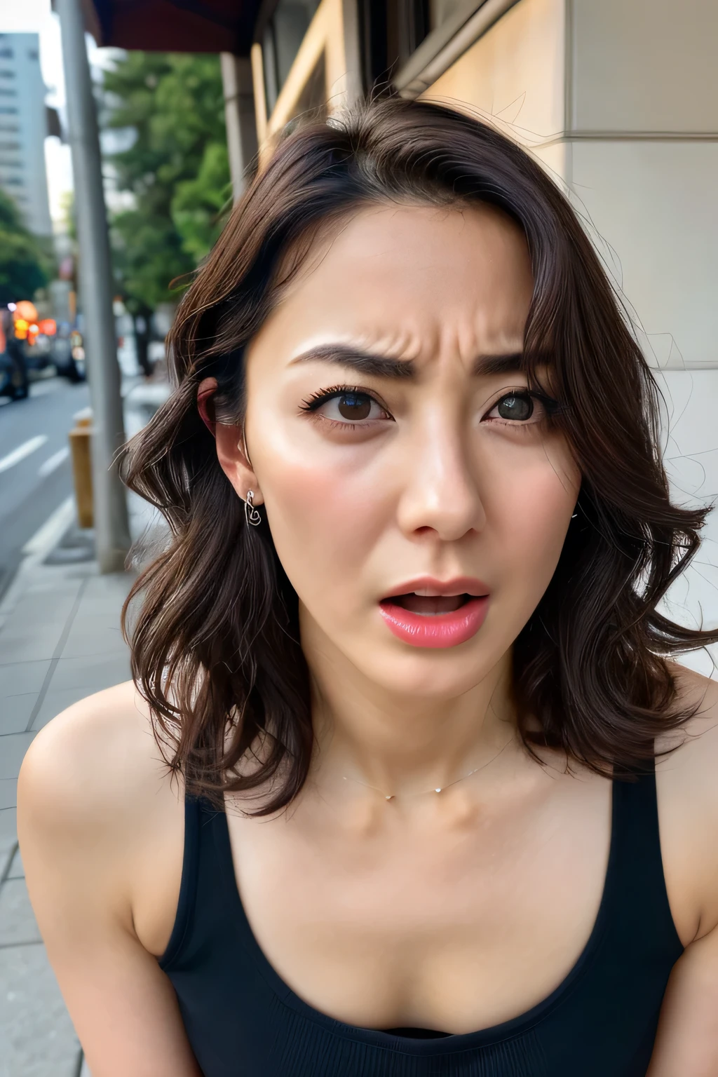   beautiful Japanese actress full of sexual desire , 1 girl,Flying debris,, Award-winning photo with both hands holding flops,   very detailed, Focus your eyes, Nose and mouth, face focus ,  Extremely Close Up of Faces 、 Age 35,Brown Hair、Symmetrical face,  Insulated 、   widen the angle from below 、Extended C-shaped nostrils ,(Sharp Nose)Sweaty skin、shiny skin,(Brow wrinkles))（Cum on tongue)、((Thin eyebrows)) oily skin 、  growing skin  、double eyelid、、Beautiful woman、 curly hair、  shortcuts 、 tank top ,I can see the sky 、 Shibuya Center Street 、(((  show your side,throw))),Raise your eyebrows, (((Hold your mouth, Frowning, Crazy, Frowning))),   wrinkled skin,Long upper arms,((Cry with your eyes open, , Drunk, The face of patience))Squat, big breasts at the temple,((Keep your arms up at all times、Show me your armpits))Long arms,Frowningをする,odor,  Exciting ,  sad, sleepy, Frowning, The face of durability((Frowning, Raise your eyebrows, frown))