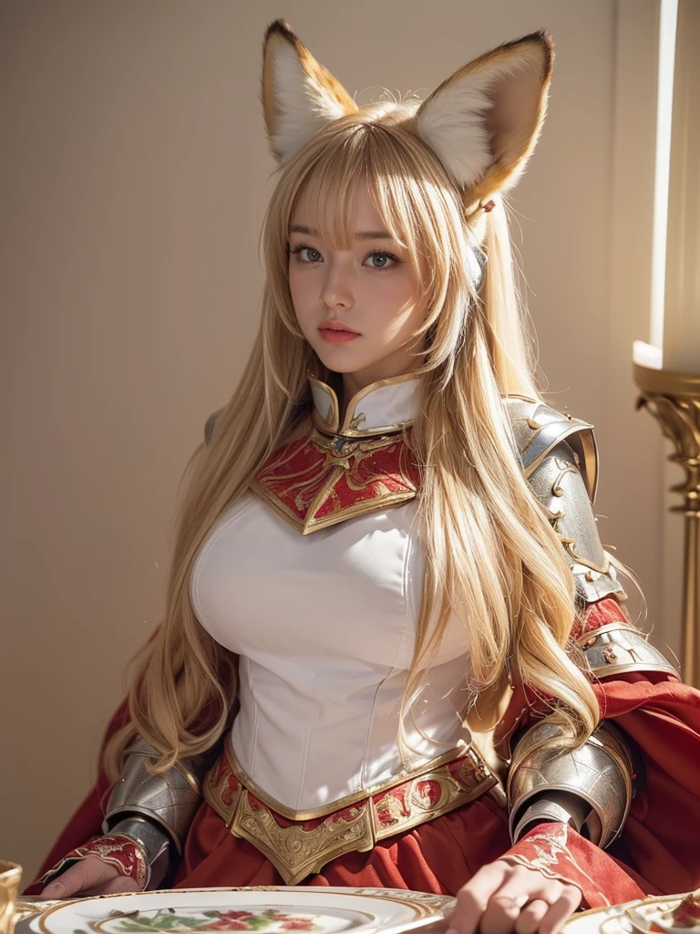 (16k, Best Quality:1.2)、masterpiece, Beautiful Knight, ( Charming Russian Model 、Born in Lee:1.0),(( Red and white clothes))、(( Detailed plate armor)), (Strong muscular body),(Strong Arms)、 ( Light Blonde Hair),(((Fox ears)))、(((Fox earsの女戦士)))、  Had、Disheveled Hair、feet, (Big Breasts), ( super huge breasts), ((((Knight&#39;s Sword))), (Knight&#39;s Sword)、  Hi-Res, ( skin texture:1.1), Best Quality, 超 Hi-Res, (Realistic: 1.4),  RAW Photos, By Ellen von Unwerth, Nikon D850 film stock photos, F1.6 Lenses,  rich colors, Bokeh,  sharp focus, Realistic, Cinestill 800,  Backlight , Rim Light, Strong sunlight, Realistic, Realistic Shadow, 3d, (Forest Background:1.2),((Background forest))、((Outdoor Scenery))、 Hair Blown in the Wind、whole body、 (Ancient fantasy soldiers),(Ancient soldier armor), combat accessories ,breastplate、(( long skirt))、 Voluminous Lips 、((Big Breasts))、(( big breasts at the temple))、 cleavage、(( perfect face))、Big Eyes、Delicate eyes、 Armor That Fits the Body 、 looking at camera、belt、Intricately patterned armor、whole body、up、Knight Armor、Red Armor、Delicate hands、 long boots for stepping on bread、