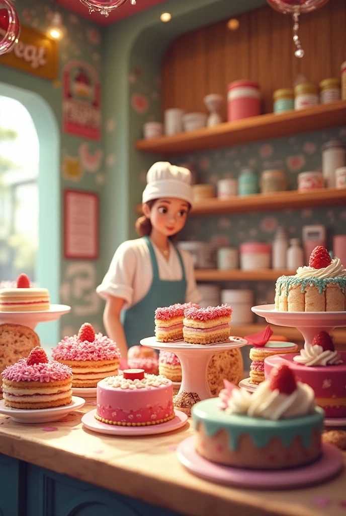 There was a girl standing in the bakery looking at cupcakes, cute bakery shop, lovely digital painting, Dream bakery interior environment, fantasy bakery, cute 3 d render, childrens art in artstation, 3 d render stylized, stylized 3d render, fantasy matte painting,Cute, baker shop, Inside an old magical dessert shop, Cute detailed digital art, Beautiful digital illustration