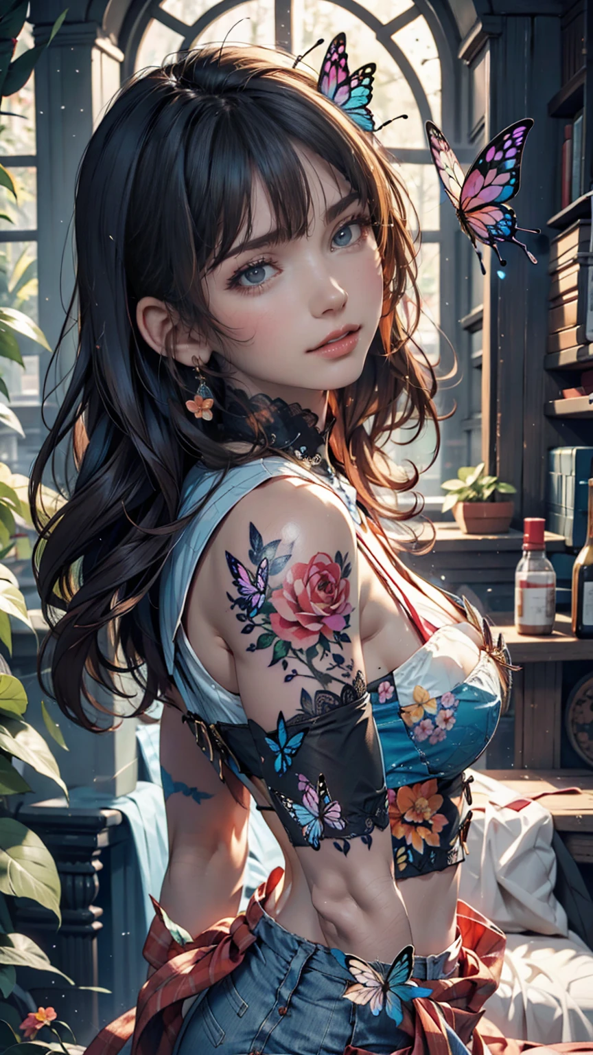Anime-style woman, thin, thin, whole body, Full of tattoos, Lots of earrings, Beautiful and shiny hair, Rainbow Eyes, Slanted Eyes, Wavy Hair, Kind and charming, Expose your shoulders, Delicate and sexy collarbone, Attractive oval face, double eyelid, Pink Lips, Small Nose, Concentrated face, Ultra-high resolution, Very detailed, Graceful posture, Nice, ultra-thin, Tribal tattoo body paint, Glowing Skin, Realistic Background, sunlight