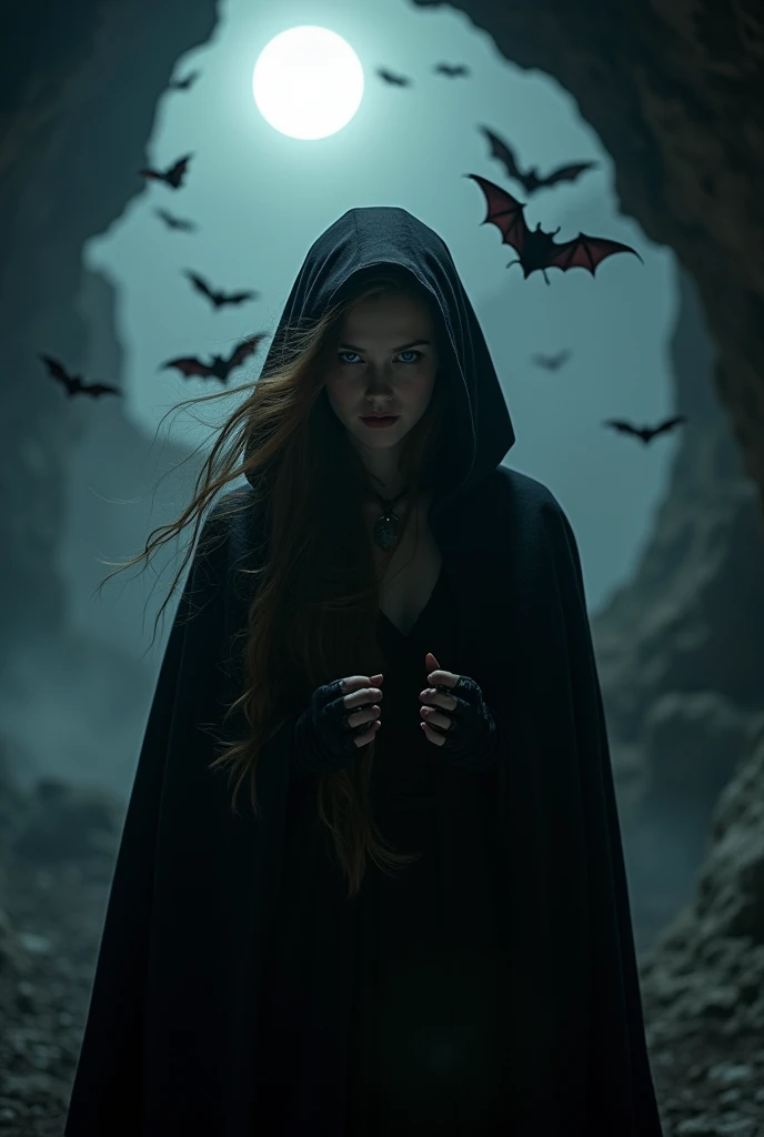 1 Girl, vampire, (Fangs:1.3),  gothic background ,  The deep cave is surrounded by groups of bats, Dark and mysterious  , (masterpiece:1.3), ( best quality:1.1), (4K Ultra HD), long and flowing hair,  The dark part of the cape covers the face ,  Hiding behind a cape in the moonlight ,  Eerie nighttime environment ,  Intricate costume design ,  with claws  "paw" posture,  Strong and memorable expression ,  dim light ,  Mysterious fog rolling through the cave ,  A fascinating yet appealing atmosphere ,sacred,Nietzsche,
