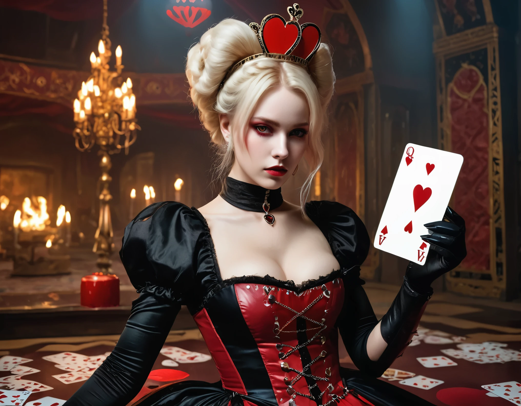 Em um luxuoso cassino, A stunning woman wears an exquisite dress adorned with heart symbols, embodying the royal presence of the Queen of Hearts. Surrounded by a backdrop of poker cards and chips, She exudes confidence and seduction, convidando os jogadores a testar sua sorte e habilidades no jogo de azar. morena de cabelos longos