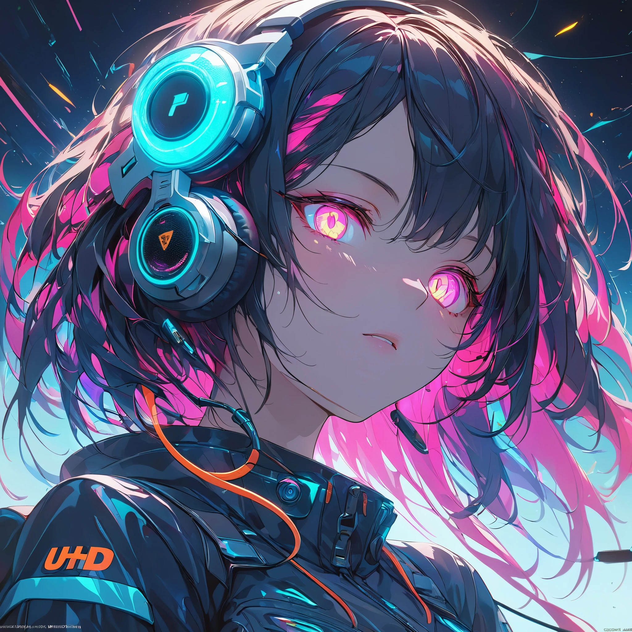 glowing eyes, colourful glowing hair, wearing headphone, anime style, high detail, Futurism, glowing light, UHD, retina, masterpiece, ccurate, anatomically correct, textured skin, super detail, high details, high quality, award winning, best quality, highres
