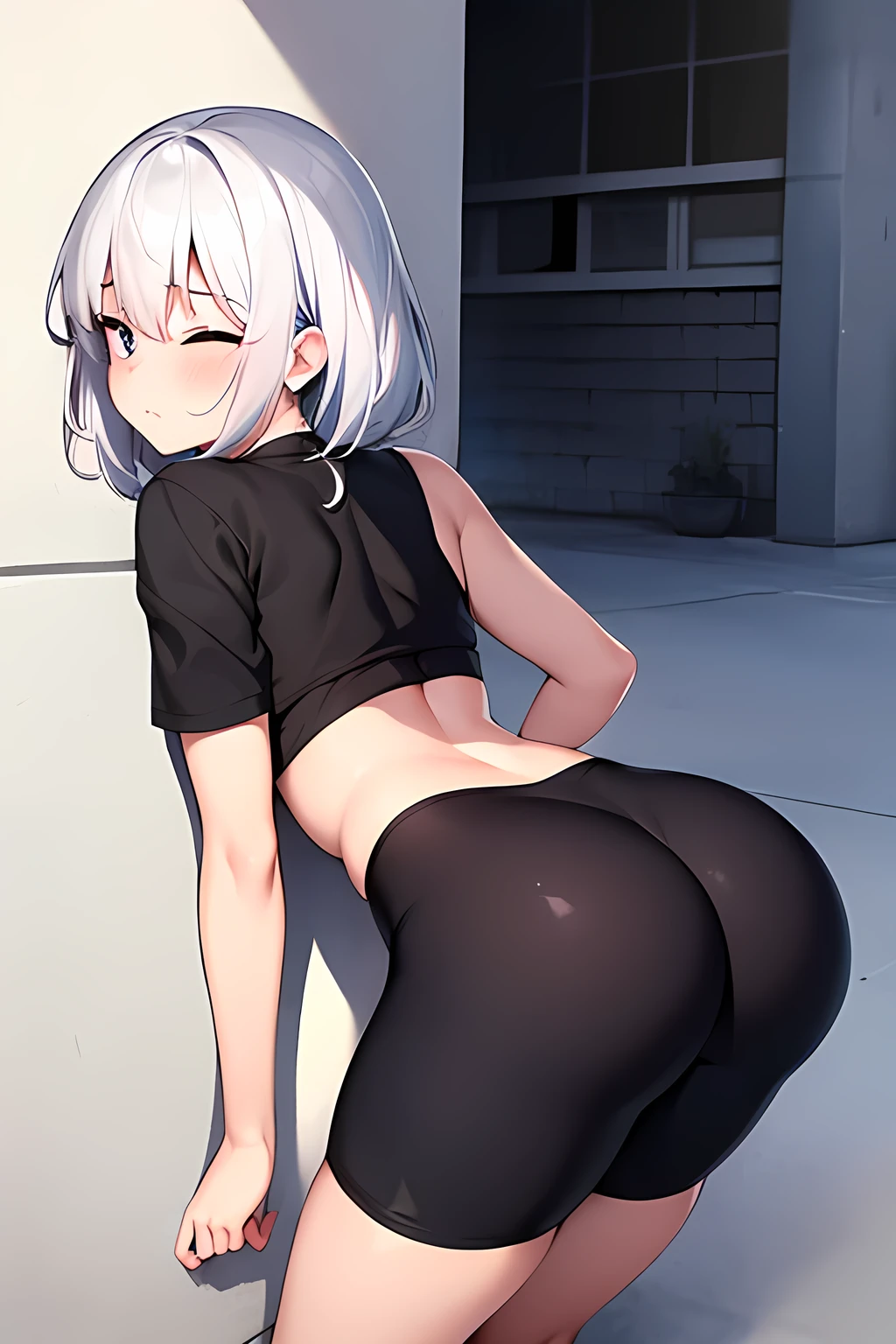 Female. Large soft buttocks. Large soft breasts. Wearing cotton black coodie. No pants or panties. Black cotton thigh highs. Ass facing me. Looking up at ass.