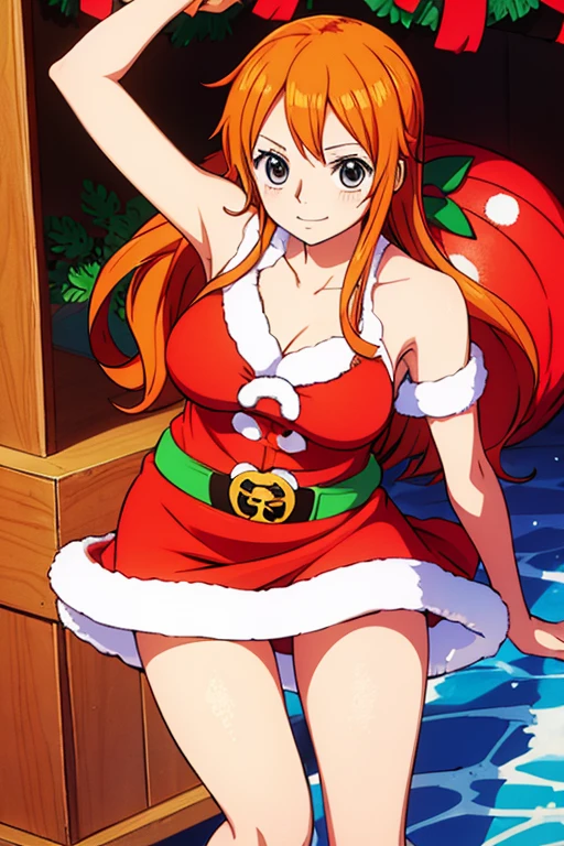 (best quality,4k,8k,highres,masterpiece:1.2), ultra-detailed, (realistic,photorealistic,photo-realistic:1.37), masterpiece、Top image quality、超A high resolution、Nami from one piece、orange hairs、Twin-tailed、Blushing、Cute and shy、Santa costume with belly button exposed、Santa costume miniskirt that slightly turned up、Wearing a Santa Hat、large firm breasts、well-shaped breasts、well-shaped navel、knee sox、Striped panties、There are some small gift boxes、Night、Christmas