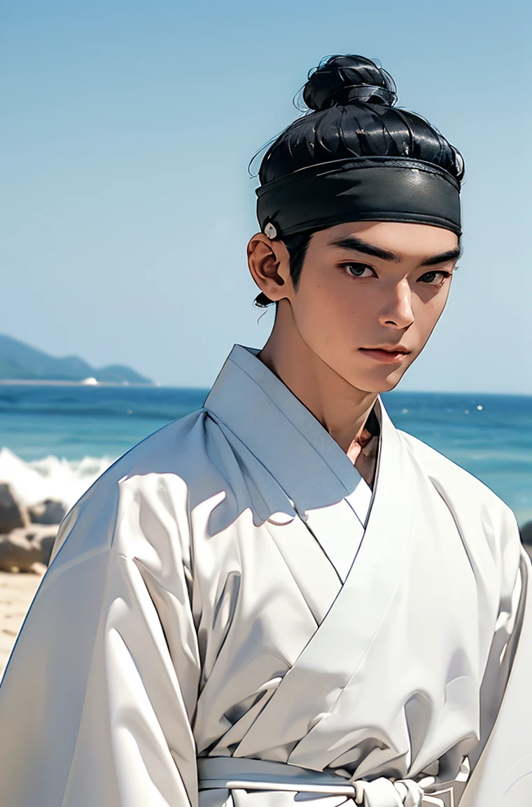 (absurdres, highres, masterpiece, best quality, ultra-realistic,ultra-detailed,(beautiful detailed face and eyes and hair:1.1),handsome,asian man,tall and muscular,broad shoulders,black hair,black eyes,datailed face,topknot,see-through headband,white hanbok,faint smile,upper body, sea background