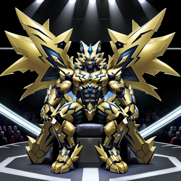 (ZERAORA, 8K), (Zeraora's giant robot, Powered exoskeleton with the same design as Zeraora), (Masterpiece, highres) (Detailed head, Detailed Body, Detailed abs, full body) (gigantic muscles, Gigachad Muscular, big muscle, pecs, triceps, traps, unusually developed muscular body, body full of huge muscles. showing off muscles, pectorales enormes, Exaggeratedly huge muscles.) (nj5furry, The claws are sharp, Sharp teeth, sharp claws), (long legs), (Spread wings, It has wings, have big wings, golden wings), (Wrestling, wrestler, the bodybuilding), (It has wings, whole body shines like metal, Wearing cyberpunk mecha, emphasizes the muscles, suit fully made of metal, intricate armor, Robotic suit, suit fully made of metal, cyborg), menacing pose, sitting on the throne, An arrogant expression. destroying city.