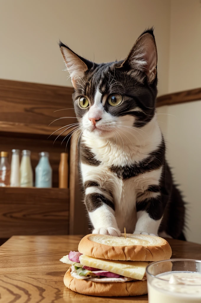 A cat having a milshake and a sandwich at yard, detailed feline features, beautiful fur texture, detailed whiskers, detailed eyes, detailed face, highly detailed, realistic, photorealistic, 4k, 8k, high resolution, masterpiece, ultra-detailed, vivid colors, dynamic lighting, natural shadows, intricate details, clean lines, sharp focus, professional quality
