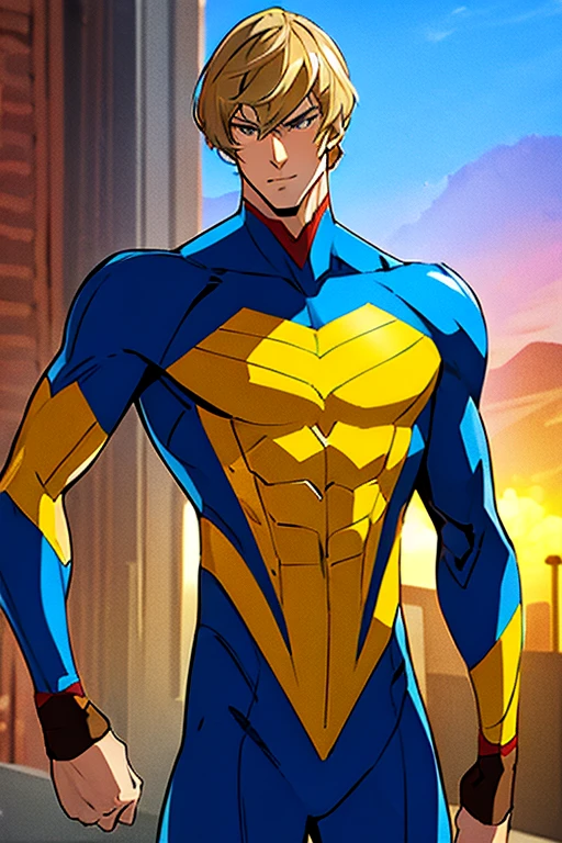 (  High-definition CG), (Best Quality),     a superhero and has a beautiful body,   hero costume , Handsome and cool young man   ,       Slim and Muscular      , My skin is brown  ,  blonde, Frivolous,   sensual vibe  ,