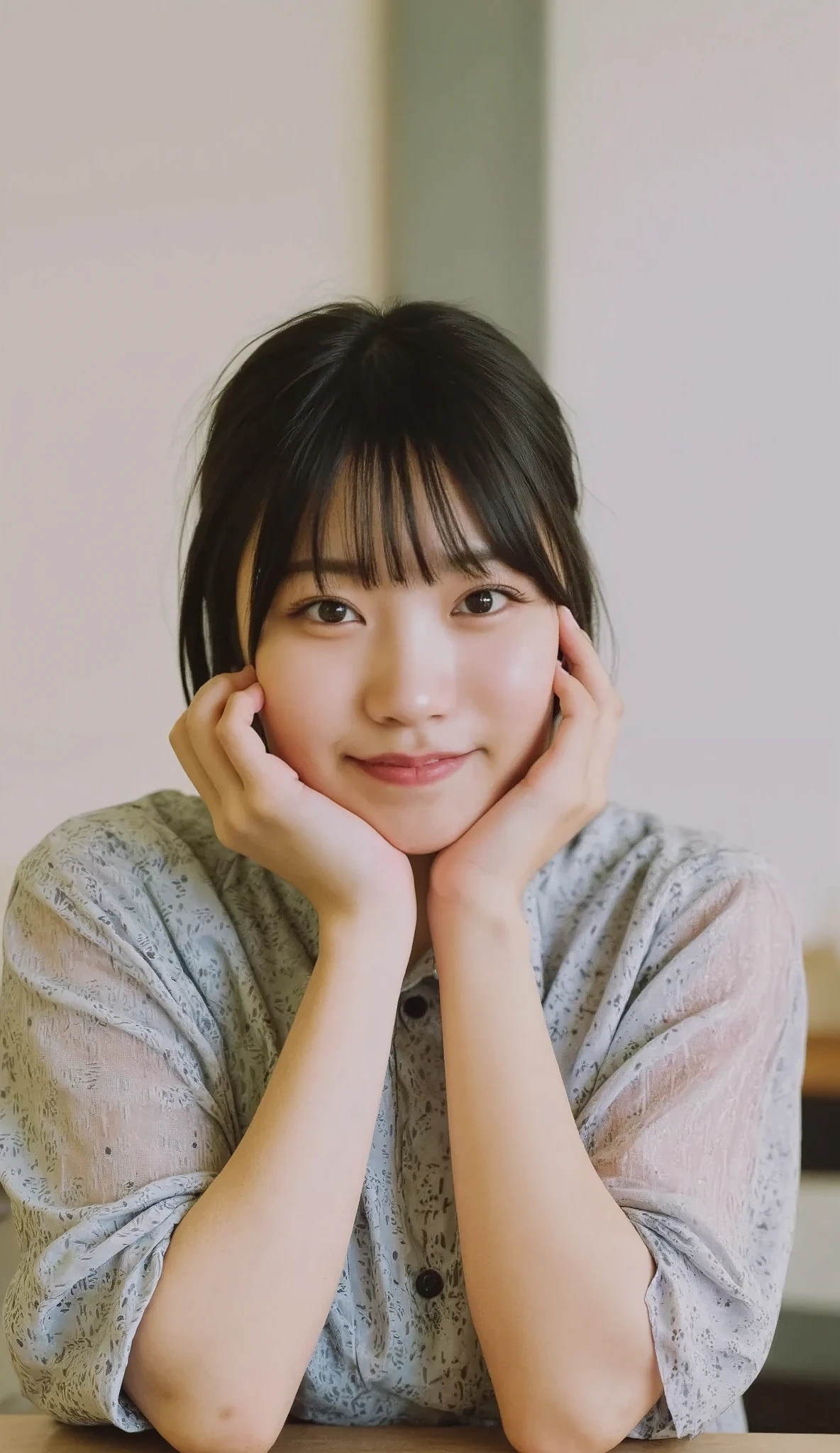 It looks like they wear a blouse with a very open chest at school, stand with their elbows on the desk, hold their cheeks with their hands, and face the front with a smile、Angle of view is from above、Blur the background