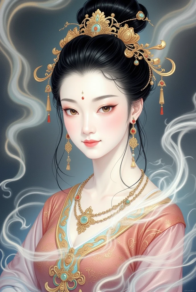 Chinese Fine Brushwork Painting，Ink，Rich and delicate lines，A painting：cloudfog包围着一个美丽的女佛的肖像, Chang&#39;e，Lady of Court， Homosexual， beautiful face，Zen，cloudfog缠绕，Clean high bun，multi-layer necklace，Chinese ancient style，Female Bodhisattva，(((cloud，fog:1.5)))，Chinese fairy，，Guanyin，Thangka painting，A beautiful digital illustration, Beautiful character painting,  Beautiful Digital Artwork , Chinese Fantasy, fine lines，Gold painted 
