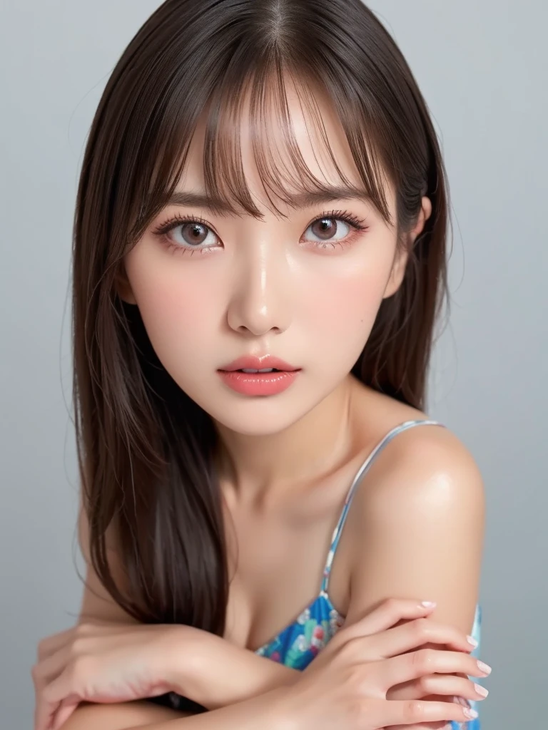  girl, bangs,(colorful and wacky dresses :1.3, colorful and fantastic dresses:1.1),  gray background,  hair between eyes , Big Breasts,   viewer,  open lips, red eyes,   simple background, Alone,(shiny skin),(masterpiece:1.4),(Best Quality:1.4),Red lips,((( detailed face,Clear Face, full body shot, full body shot,Even your feet are visible))),( detailed face,detailed expression)