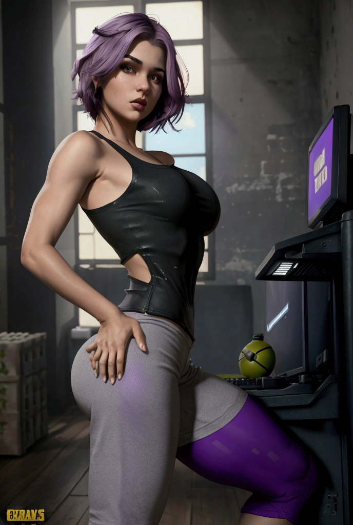  Young beautiful athletic girl with big breasts ,  sexy hips dressed in short tight gray shorts and a classy tank top, purple hair ,bright green eyes , playing PUBG on the computer  