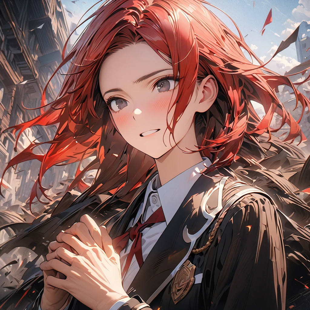 (Best Quality),(masterpiece),(Super detailed),(8k),(32K),( COMPLETE ANATOMY),(Perfect hands),( One Man)、 black eyes、Short Red Hair、school uniform,  character,  Expressive Hair ,  hair that flutters like,Strong winds,