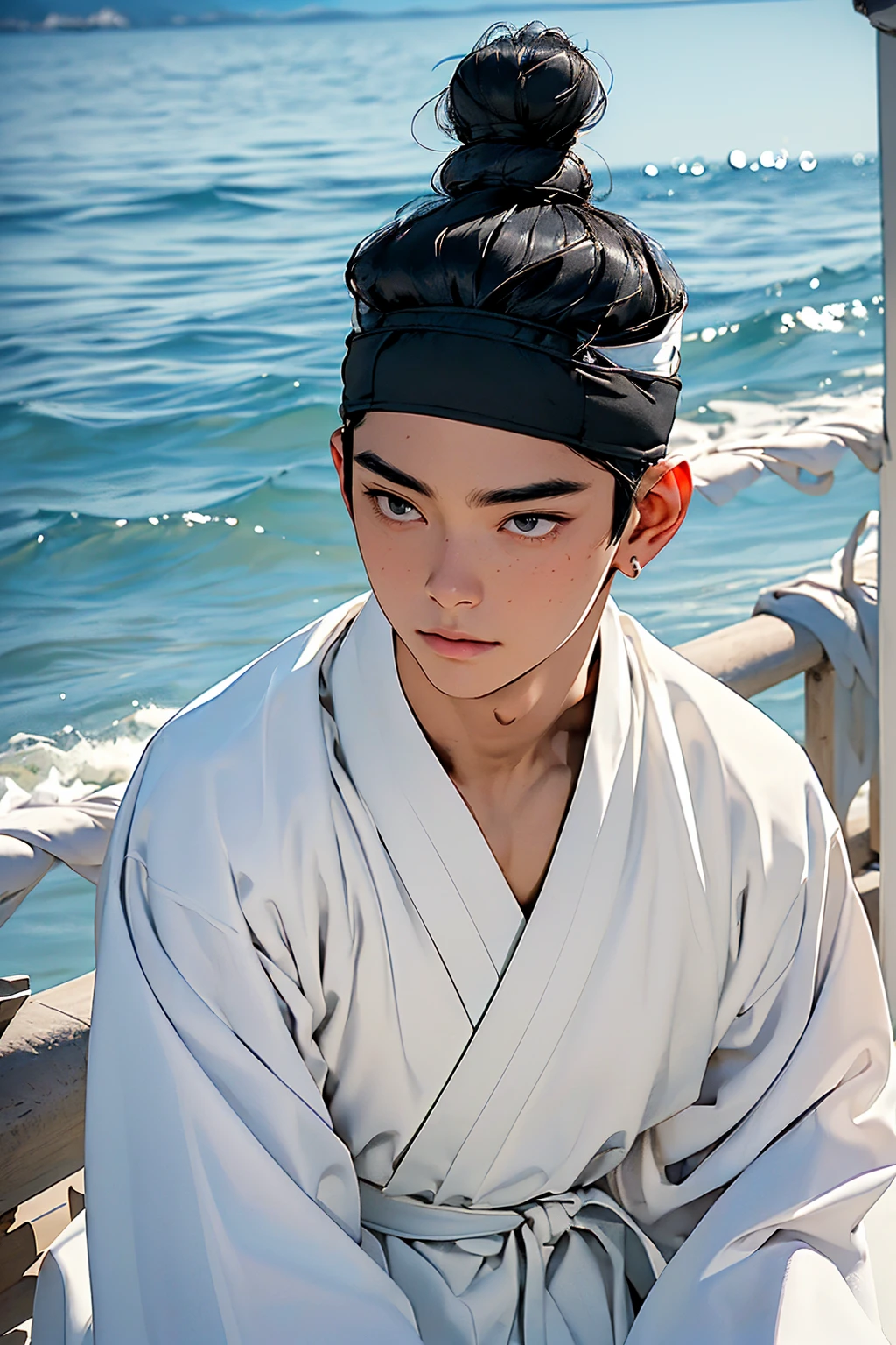 (absurdres, highres, masterpiece, best quality, ultra-realistic,ultra-detailed,(beautiful detailed face and eyes and hair:1.1),handsome,asian man,tall and muscular,broad shoulders,black hair,black eyes,datailed face,topknot,see-through headband,white hanbok,faint smile,upper body, sea background