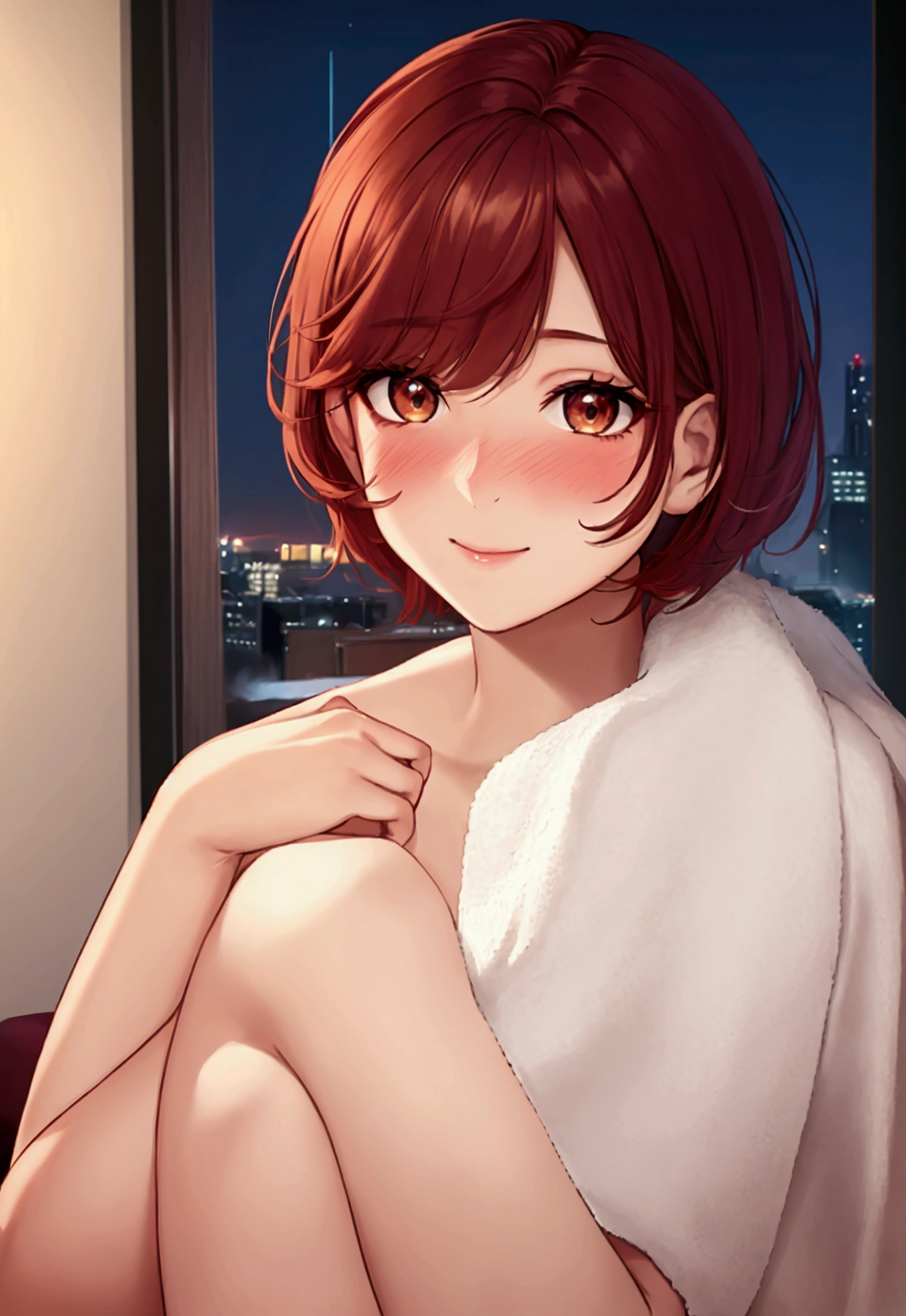 Score_9, score 8_up, score 7_up, high quality, semi realistic, uhd, 1girl, beautiful, very short auburn hair, very short hair, messy hair, without bangs, brown eyes, eye highlights, fair skin, cheek blush, eyelashes, red eyeshadow, smiling, sparkling, side view, looking at the side, upper body, white wrapped towel, night setting, hotel room background, sitting on bed, anime scene, windy scene