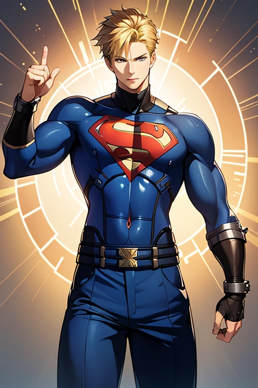 (  High-definition CG), (Best Quality),     a superhero and has a beautiful body,   hero costume , Handsome and cool young man   ,       Slim and Muscular      , My skin is brown  ,  blonde, Frivolous,   sensual vibe  ,