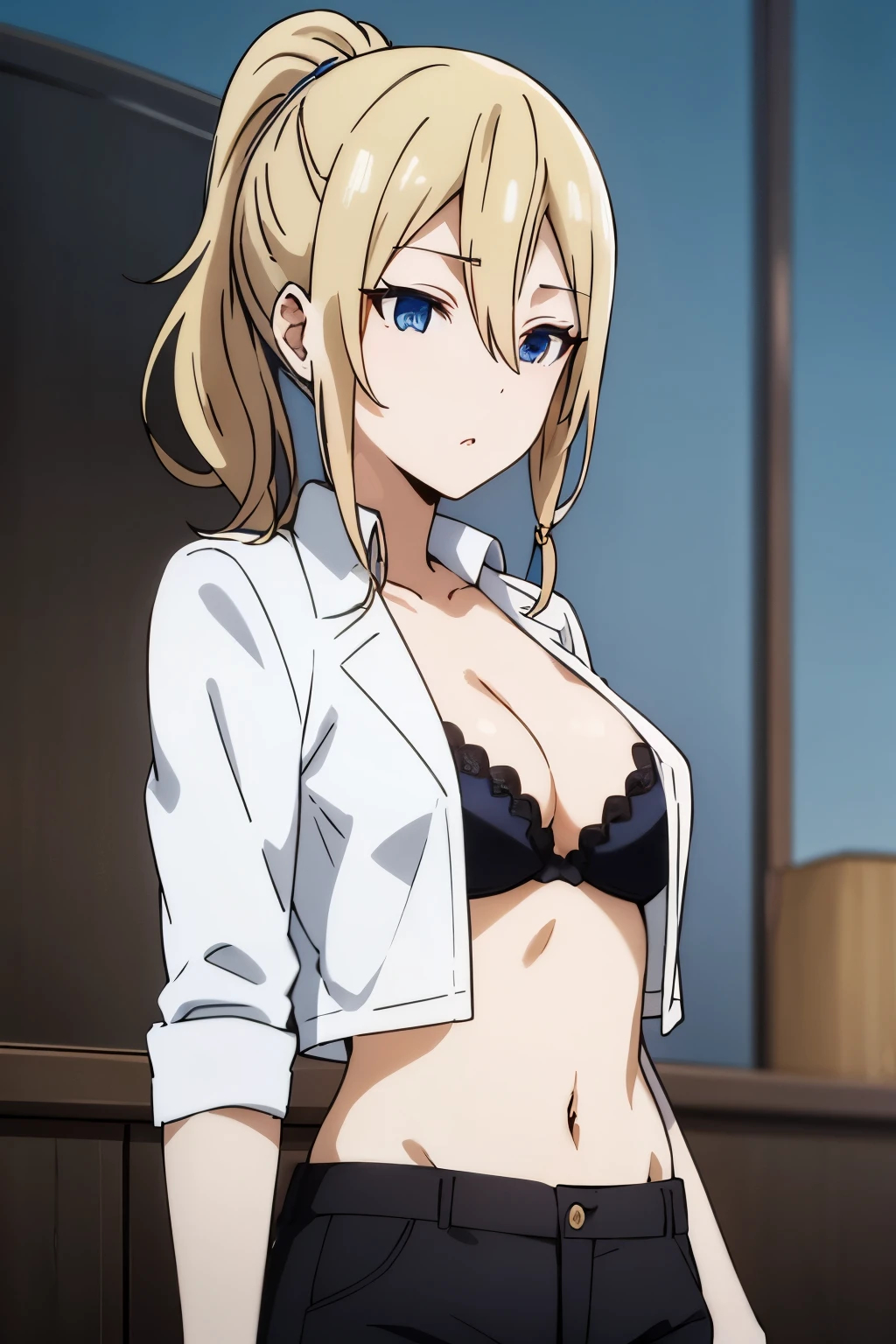 Ai Hayasaka 
Blond hair, blue eyes,  ponytail , open shirt showing bra.