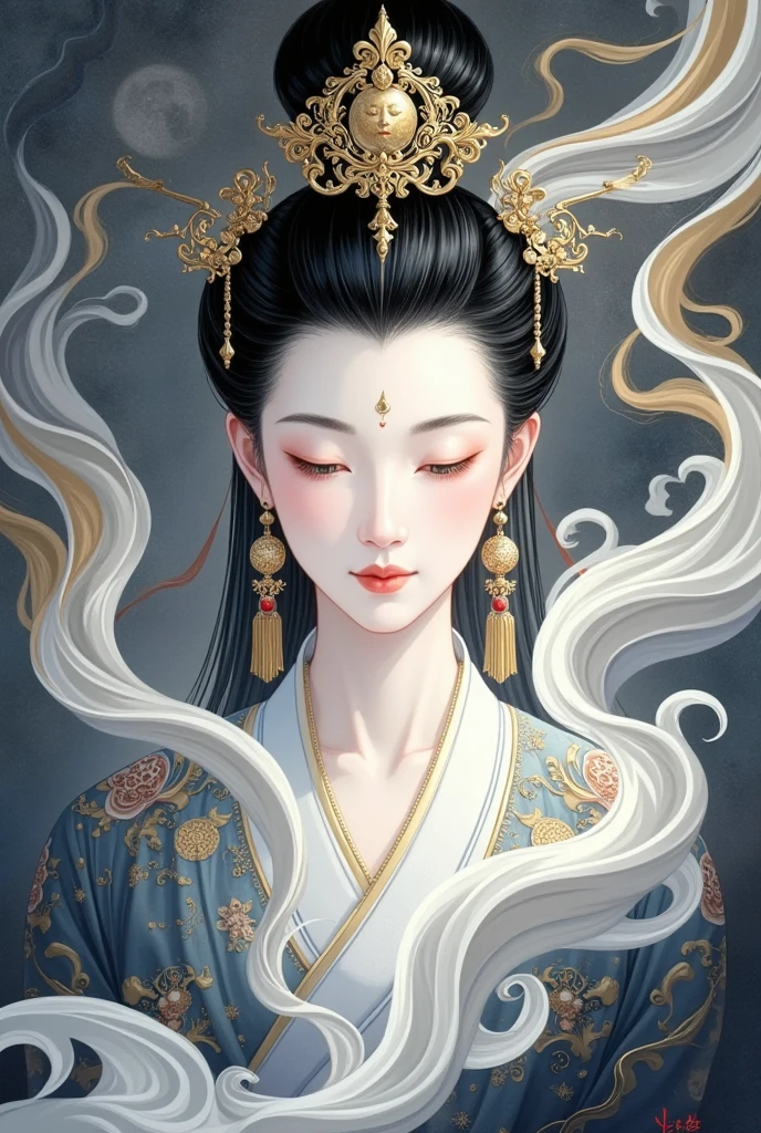 Chinese Fine Brushwork Painting，Ink，Rich and delicate lines，A painting：cloudfog包围着一个美丽的女佛的肖像, Chang&#39;e，Buddha statues，Serene and Peaceful ，Lady of Court， beautiful face，Zen，cloudfog缠绕，Clean high bun，Chinese ancient style，Female Bodhisattva，(((cloud，fog:1.5)))，Chinese fairy，，Guanyin，Thangka painting，A beautiful digital illustration, Beautiful character painting,  Beautiful Digital Artwork , Chinese Fantasy, fine lines，Gold painted 
