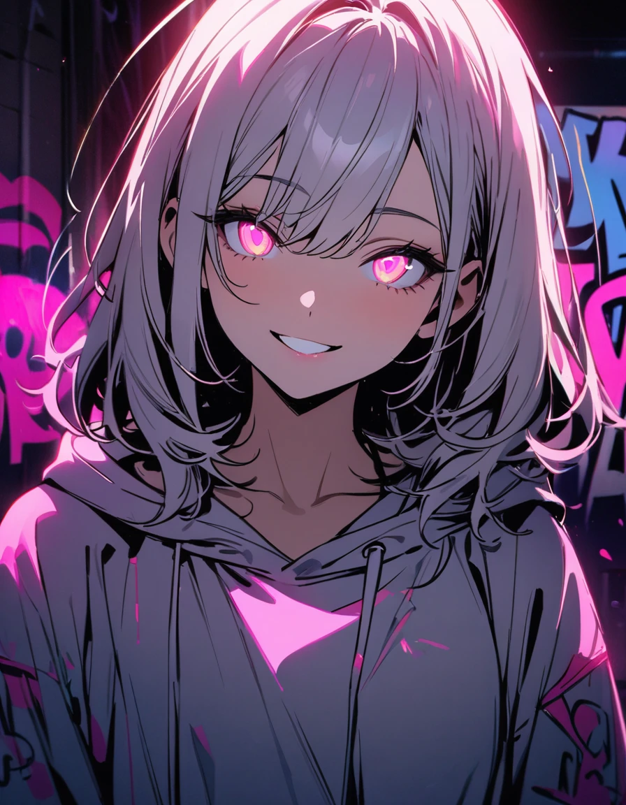 masterpiece, Best Quality, 8k, detailed background, masterpiece, Best Quality, smile,  t I ,  HOODIE, Portraiture, Neon Pink, graffiti, dark, night, Shining Eyes,  Black Light,Shuna